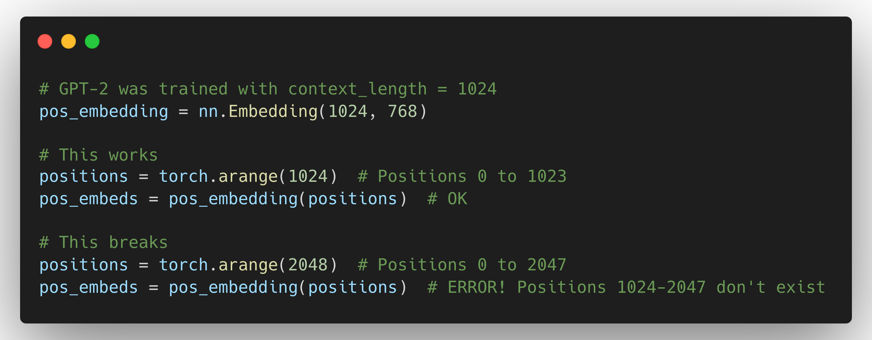 GPT-2 absolute positional embeddings example