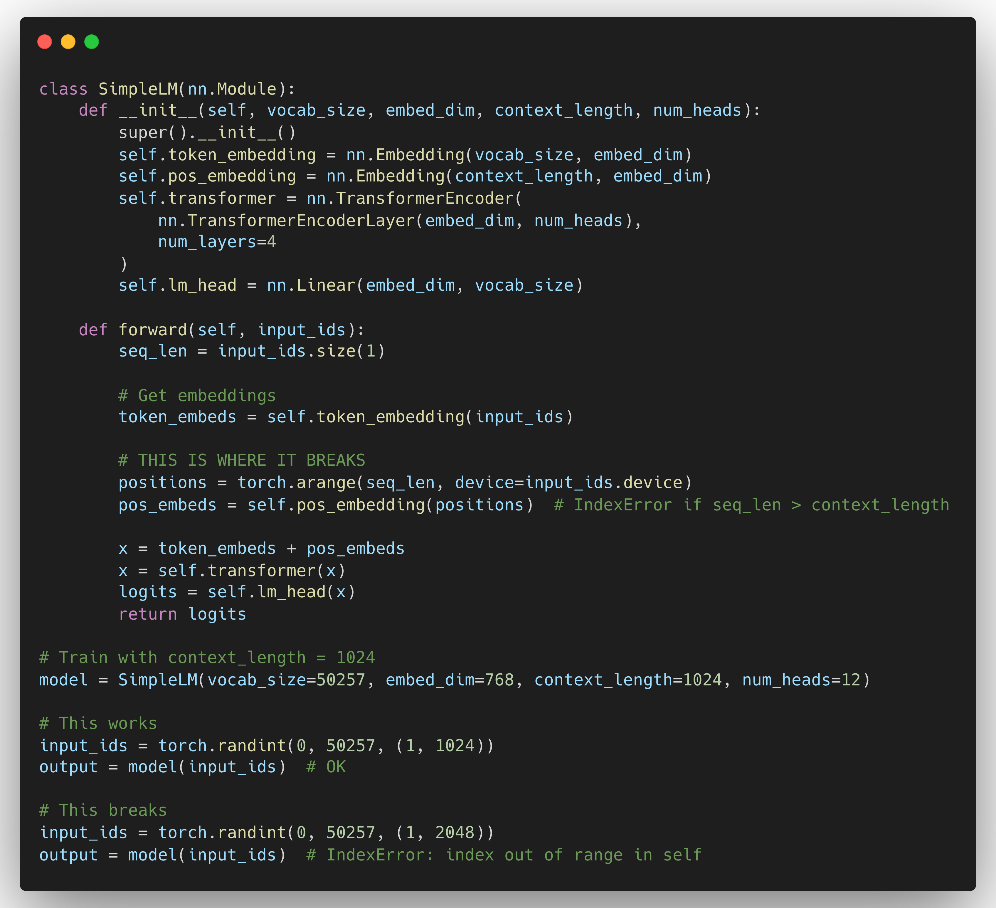Code showing what breaks when exceeding context length